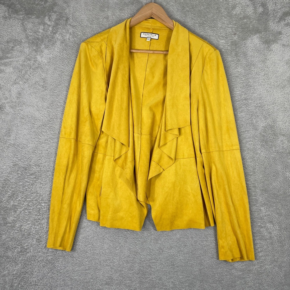 Bagatelle Faux Suede Jacket Womens Large Yellow Drape Front Open Cardigan Blazer